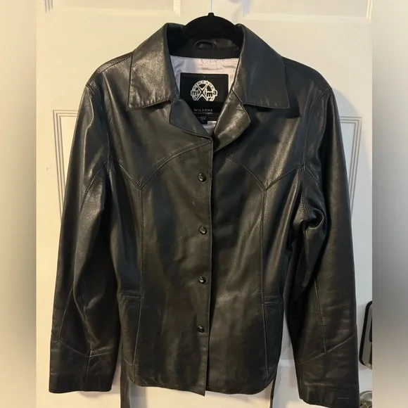 Wilsons Leather Vintage 90s Maxima Jacket Tie Belt Cinch Waist Button Up Collar - Picture 9 of 16